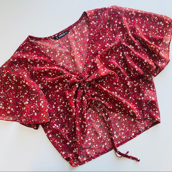 NWOT Red Floral Cinched Tie Blouse - Picture 3 of 12